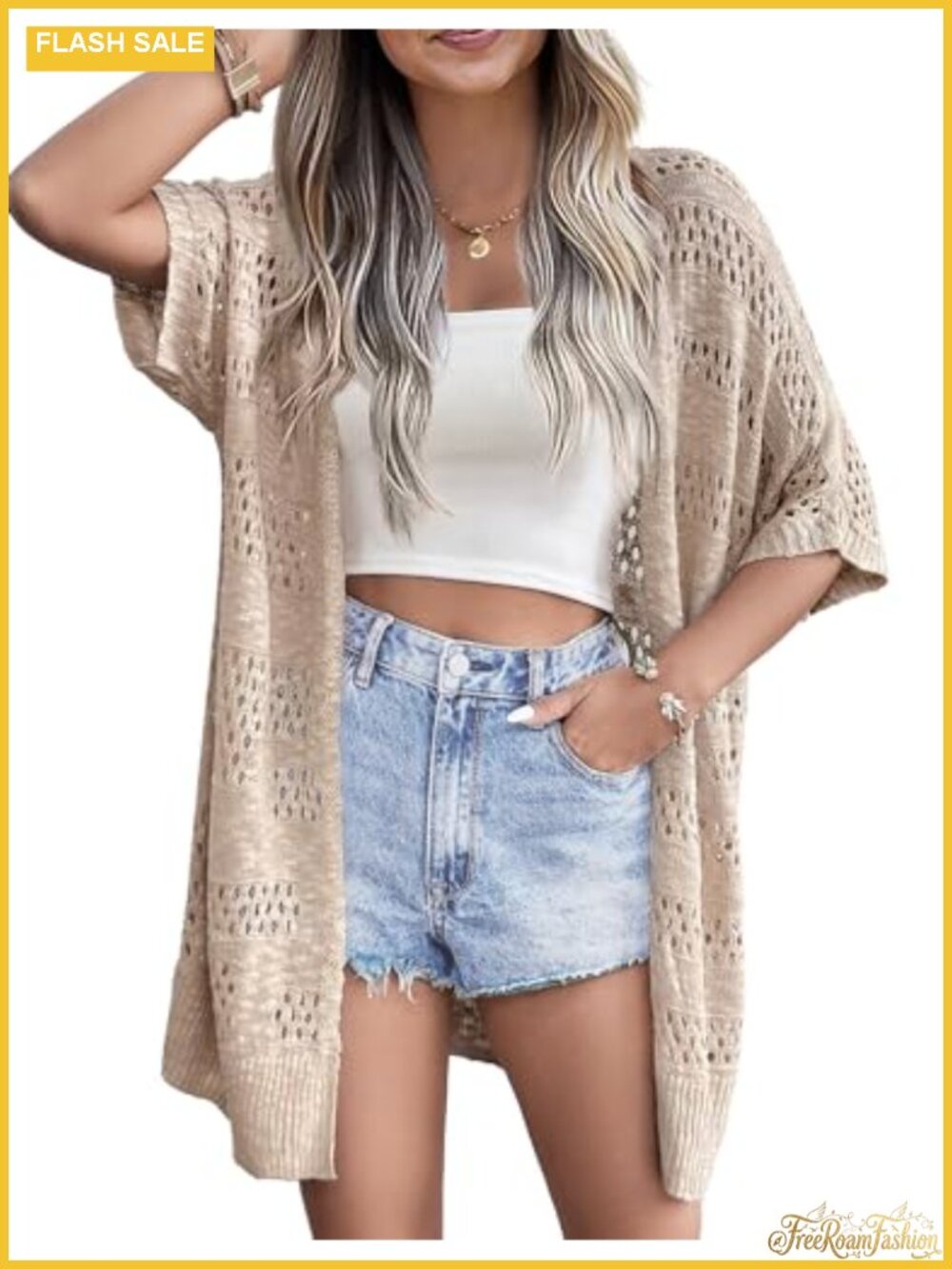 Lightweight Summer Crochet Cardigan Short Sleeve Open Front Knit